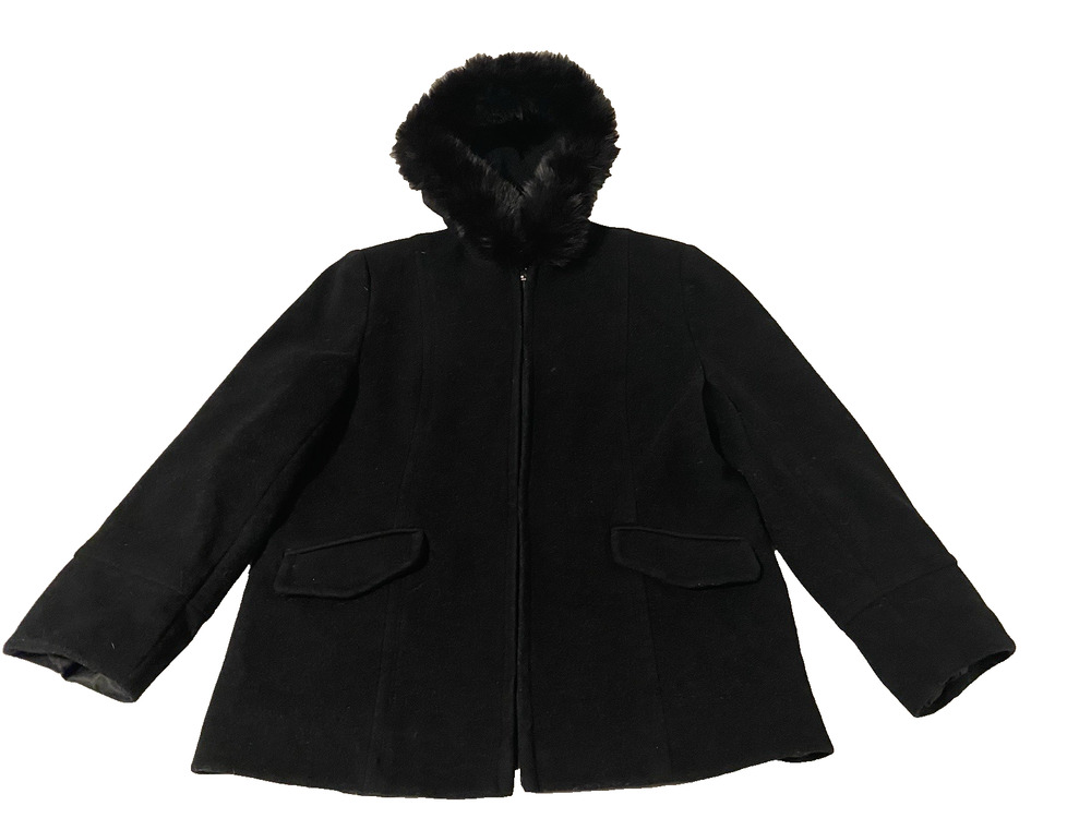 Preston & York Womens Real Fox Fur Trim Hooded Wool Coat Size 16 Black Jacket